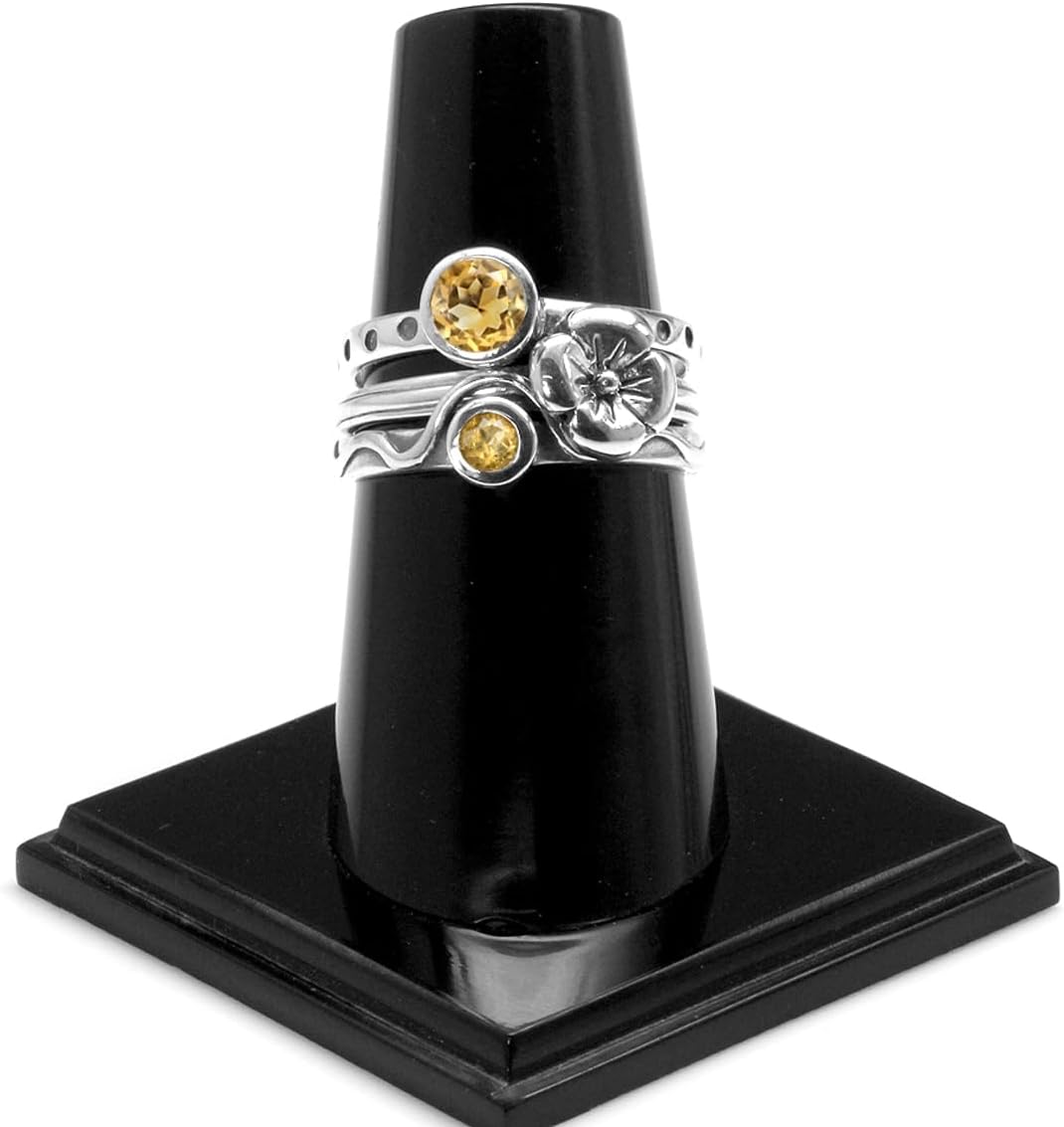 Silvershake Set of 4 Round Shape Gemstone Antique Finishing or Yellow Gold Plated 925 Sterling Silver Dragonfly and Flower Stackable Rings Jewelry for Women Multiple way of Wear