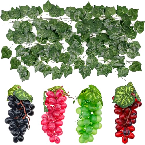 Quancru 4 Bunches Artificial Grape with 3 Pcs Fake Grapes Vines Lifelike Hanging Simulation Grapes Fruit Decor for Home Wedding Garden Garland Outside