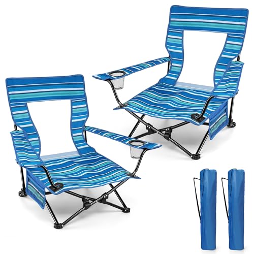 Image of HaSteeL Folding Beach Chair Set of 2, Foldable Striped Camping Chairs for Outside, Low Beach Chair Portable for Adults Fishing, Picnic, Outdoor BBQ, Travel, Sports, Cup Holder & Storage Bag