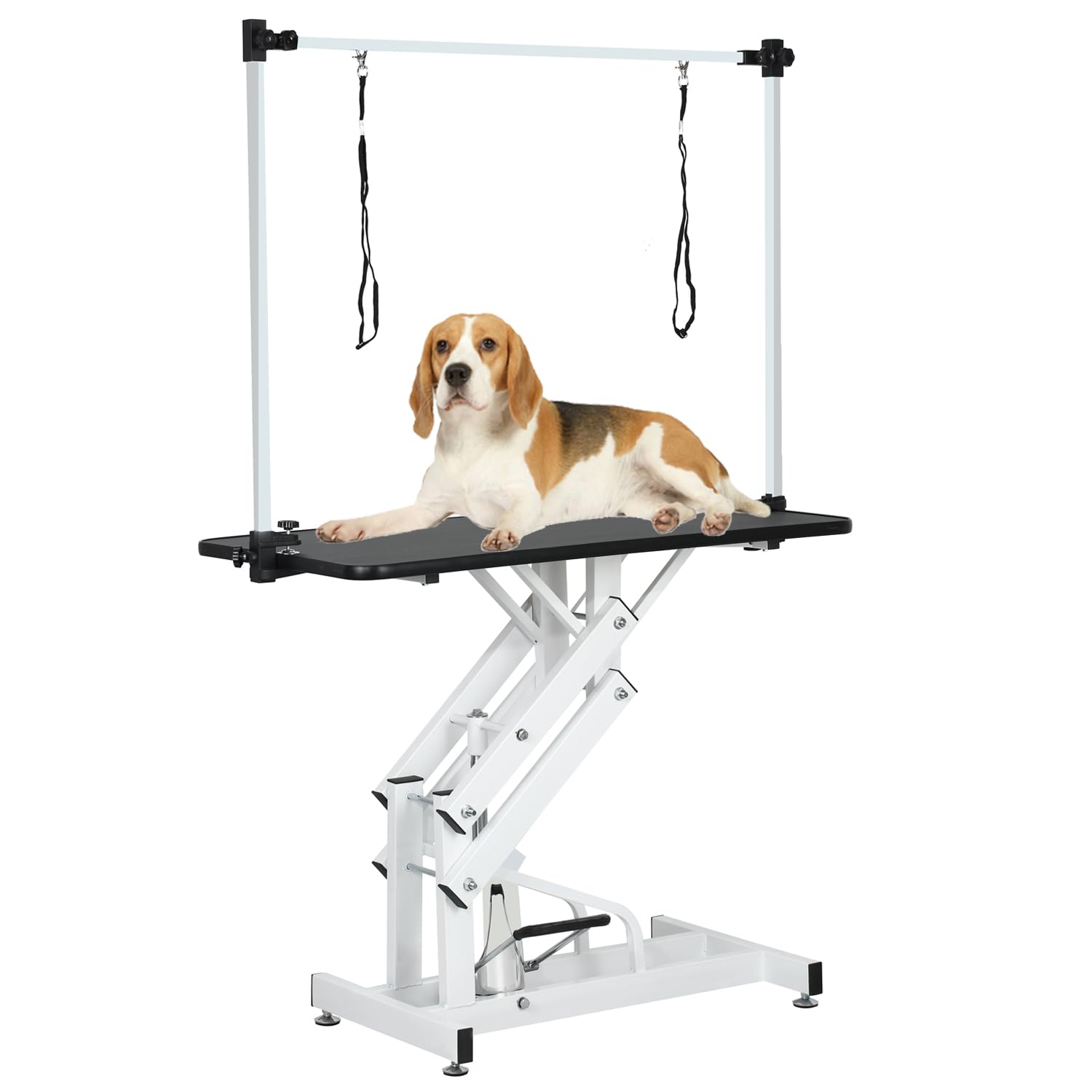 Photo 1 of (see all images) Pet Grooming Table for Large Dogs, Heavy Duty Hydraulic Dog Grooming Table with Adjustable Overhead Arm and Noose, Range 21-36 Inch, 42.5''/Black