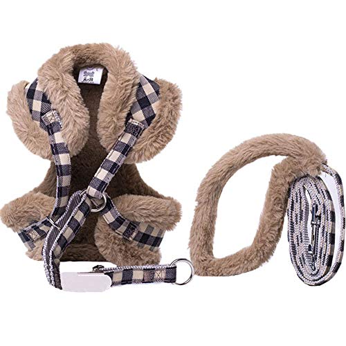 Umora ペット用ハーネス 胴輪 猫犬用 ソフト 簡単着脱 束縛感なし 冬用 通気性 調節可能 引っ張り防止 散歩 出かけ(ブラウン格子 L)