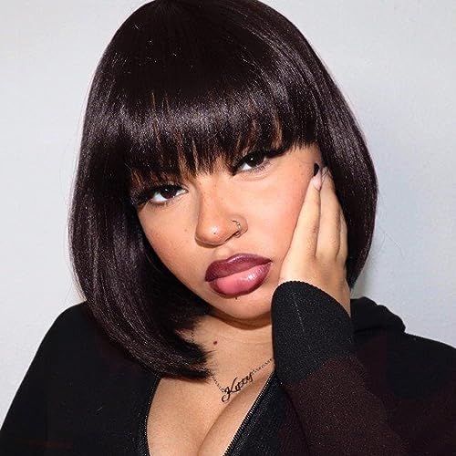 ToyoTress Light Brown Bob Wigs With Bangs - 10 Inch Yaki Straight Hair Daily Costume Wig For Black Women, Soft Short Synthetic Hair Replacement Wigs Heat Resistant (10 Inch, #4-613H)
