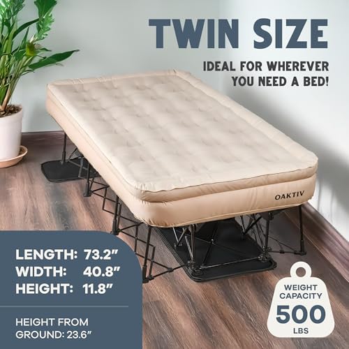 Image of Oaktiv Twin Air Mattress with Frame, Self Inflating /Deflating Bed for Adults - PeakRest Blow Up Bed, Camping Cot with Mattress - Portable with Travel Rolling Case on Wheels