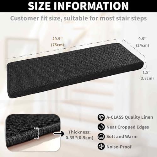 Brakki Bullnose Carpet Stair Treads, Non Slip for Wooden Steps Indoor, Runner, Soft Rugs for Pets, Edging Protectors, Washable, 29.5"x9.5"x1.5" 14pcs, Black by Brakki - Image 4