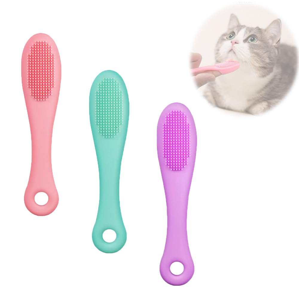 YONTTQNN 猫 犬用 両面クリーニングブラシ ソフトシリコン製 あごニキビ ケアブラシ ペット用 指歯ブラシ 猫 あごニキビ 対策 猫用グルーミングブラシ 犬 猫兼用 多機能 あごクリーナー 紫 緑 ピンク 各1本（合計3本入り）