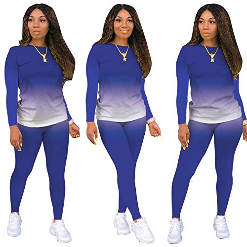 Tie Dye Women 2 Piece Outfits for Women Sexy Bodycon Outfits Plus Size Tracksuits Crewneck Long Sleeve T Shirts Pant Set Blue 2XL