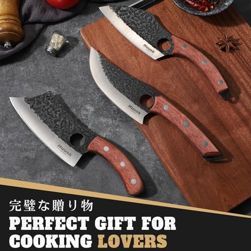 Huusk Butcher Knife Set of 3- Japanese Knife Set for Meat Cutting, Hand Forged Viking Knives Sets with Meat Cleaver, Heavy-Duty Kitchen Knives Sets for Bone BBQ Vegetable, Christmas Gifts for Men - Image 7