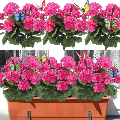 Avoik 4 paquetes de flores artificiales geranios plantas de imitación para exteriores, primavera y verano, decoración de flores de seda falsas, resistentes a los rayos UV, plantas interiores para
