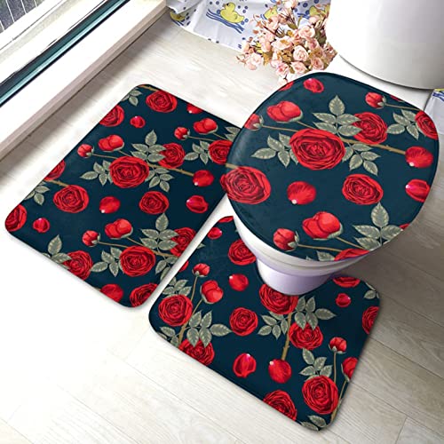 DIRYKILP Badematte + Konturmatte + Toilettendeckelbezug, rote Rosen Blumen 3 Stück Badematte Set, mit rutschfester Klebeunterseite