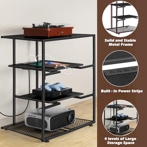 OYEAL 4-Tier AV Media Stand with Power Strips, Media Console Shelf, Audio Rack Tower Corner Entertainment Center Perfect for DVD Players, Game Console, TV Box, Wi-Fi Router, Rustic Black - Image 6