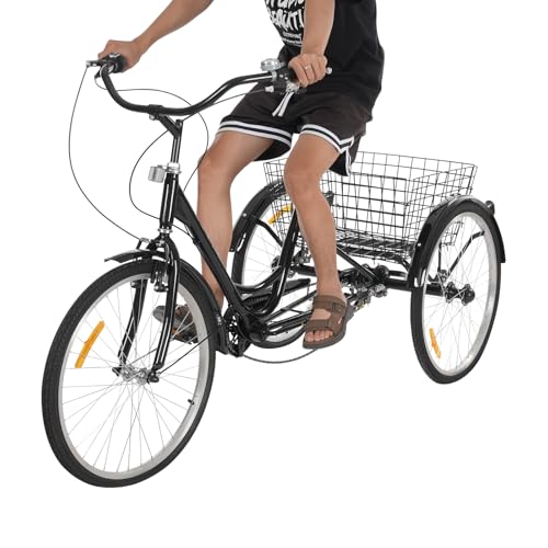 OUKANING Triciclo para adultos, 24 pulgadas, 7 velocidades, 3 ruedas, con cesta de la compra, soporta hasta 120 kg, altura ajustable, triciclo para adultos y personas mayores (negro)