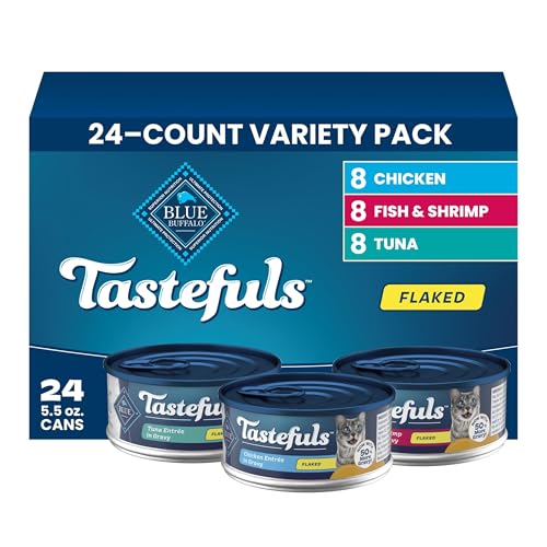 Blue Buffalo Tastefuls Flaked Adult Wet Cat Food Variety Pack (Tuna Chicken Fish & Shrimp) Natural Ingredients Enhanced with Vitamins Minerals & Other Nutrients 5.5-oz. Each (24 Cans)