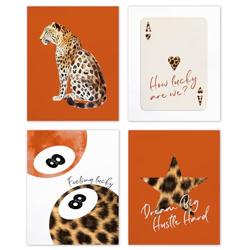 TLESKE Orange Preppy Cheetah Leopard Posters Prints Unframed 8x10 Set of 4, Orange Trendy Lucky 8 Balls Wall Art Prints Decor for Teen Girls Dorm Bedroom, Retro Cheetah Print Wall Pictures