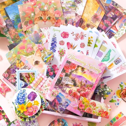 Image of MGNLR Vintage Aesthetic Scrapbook Kit(346Pcs) Scrapbooking Supplies Kit with Bullet Junk Journal,Stationery,A6 Grid Notebook Journaling Gift for Girl (Blooming Spring)