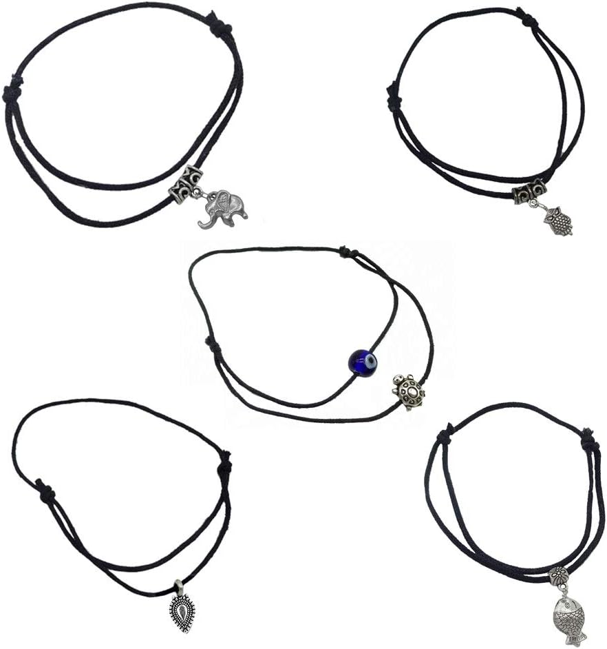 Latest Trend 5 Pieces Combo Black Thread Knot with Oxidized Single Charms Base Metal Adjustable Evil Eye Anklets for Women and Girls