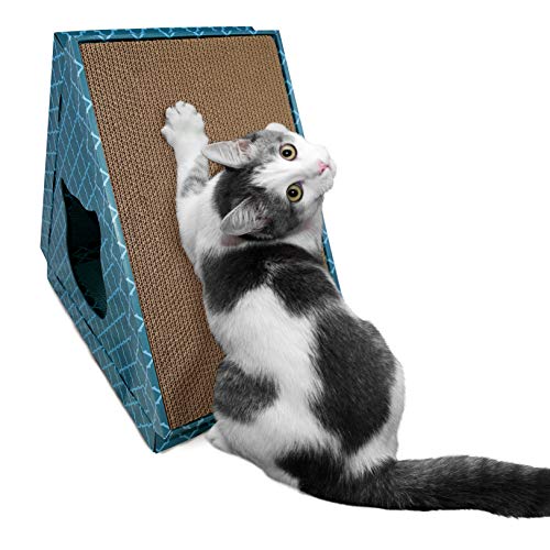 Image of Furhaven Pet Furniture for Cats and Kittens - Tiger Tent House Corrugated Cat Scratcher Hideout with Catnip, Teal, One Size
