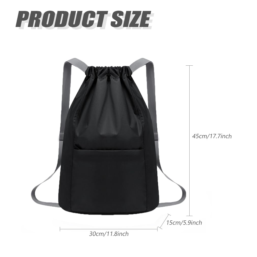 Drawstring Gym Bag Waterproof Swimming Bags Large Sports Backpack Foldable Draw String Bag for School Sports Storage Beach Travel Personalised Sackpack for Men Women Kids Girls Students (Black) - Image 2