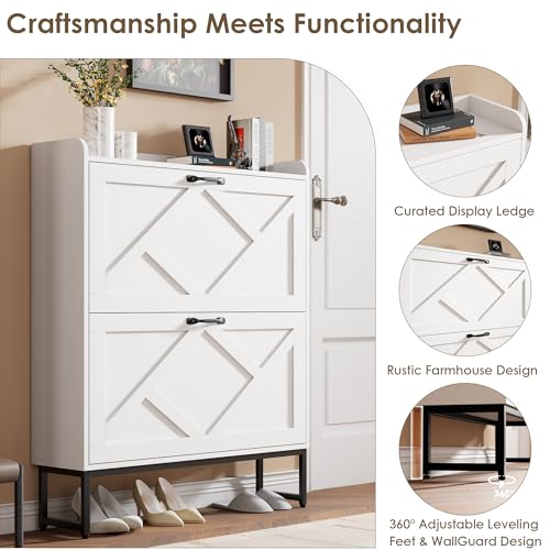 Image of Nicetree Shoe Storage Cabinet with 2 Flip Drawers, Freestanding Shoe Organizer, Shoe Cabinet with Metal Legs, Narrow Shoe Rack Cabinet, Farmhouse Slim Shoe Cabinet for Entryway, Foyer, Hallway, White