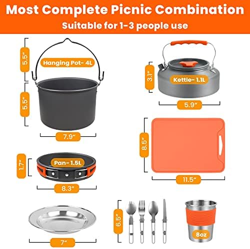 Camping Cooking Cookware Set 31pcs, Outside Camping Hanging Pot Pan and Kettle Kit for 3-4 People Picnic Backpacking Hiking Fishing, Lightweight Camping Accessories Cooking Set (Orange)