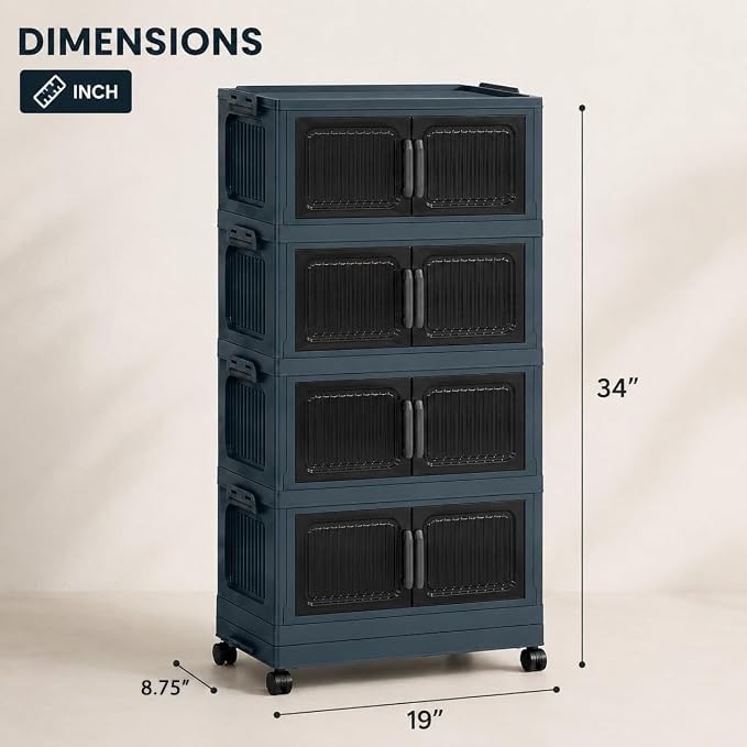 Image of TARKAN DIY Stackable Storage Cabinet with Wheels, 50x22x86 cm, 4-Tier Magnetic Door Organiser, Transparent Panels, Navy Blue