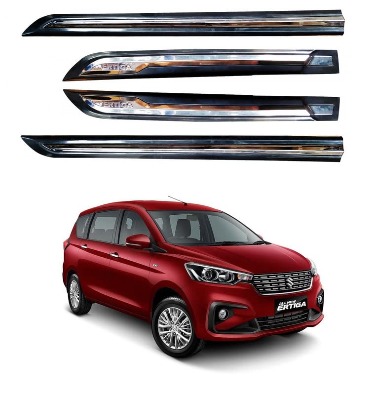 POWERX Half Chrome ABS Broad Design Customized Middle Car Side Beading Black and Silver Chrome Line Strip with Logo for Maruti Suzuki Ertiga Compatible for Year 2018-2022 Models (Set of 4 Pieces)