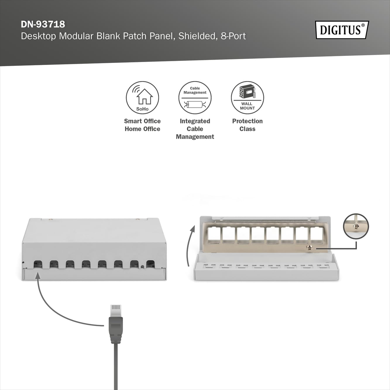 DIGITUS Patch panel modułowy - 8-portowy - ekranowany - do montażu na biurku lub na ścianie - zintegrowane zarządzanie kablami - panel dystrybucyjny modułu Keystone - jasnoszary