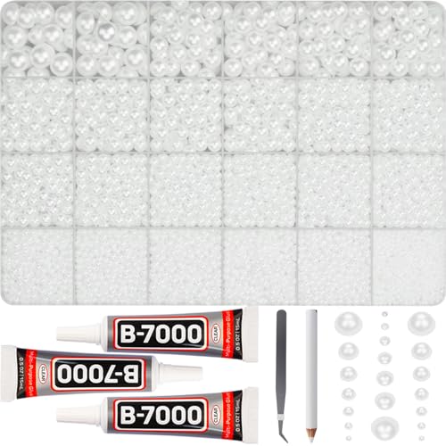16500Pcs White Half Pearls Beads for Crafting, 2-10mm Mixed Sizes Flat Back Glue On Pearls Rhinestones Gems with B7000 Glue for Crafts Bedazzling Shoes Clothes and More