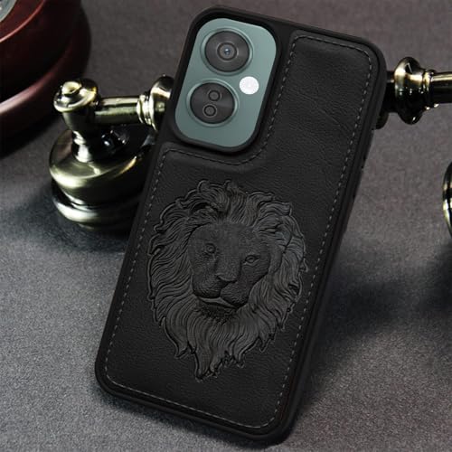 Image of Vaku Luxos Lion Embossed Back Cover Case for OnePlus Nord CE 3 Lite Premium Leather Stitched Soft Shockproof Protective TPU Phone Case Camera Screen Protector- Black