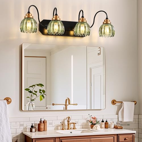Image of Vintage Gold Bathroom Light Fixtures, 4 Light Green Tulip Crystal