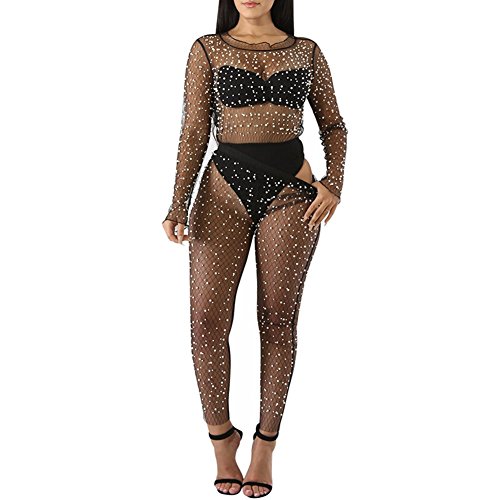 Womens Sexy Mesh See Through Rhinestone Lace Long Sleeve Bodycon Jumpsuit Rompers Pants Party Clubwear Black