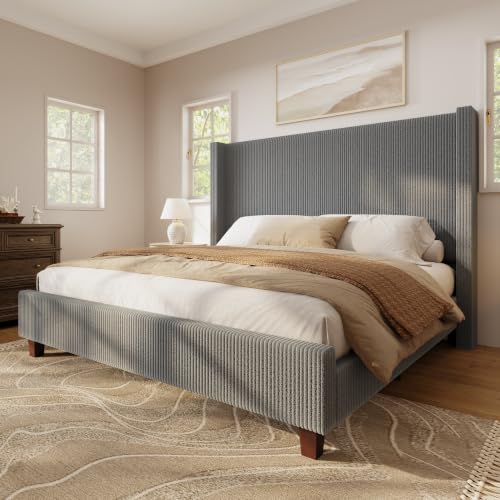Image of HOWE Queen Size Bed Frame with 50.8 Inch Corduroy Wingback Headboard, Gray | Modern Upholstered Platform Bed, Solid Wood Slats, No Box Spring Needed, Noise-Reducing Design