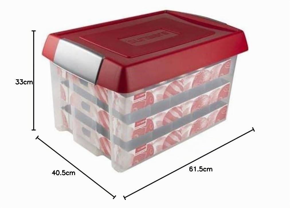 SUNWARE Nesta Weihnachtsbox 60 L mit erhöhtem Deckel + Tabletts für 60 Weihnachtskugeln (Ø70-80mm)- transparent/rot