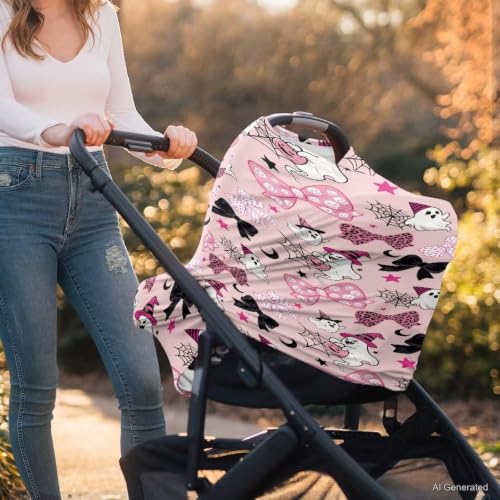 Image of Wanyint Stretchy Nursing Scarf Car Seat Canopy Baby Car Seat Cover, Baby Breastfeeding Stroller High Chair Shopping Cart Cover for Infant Halloween Decor, Cute Ghost Bow Moon Star Pink