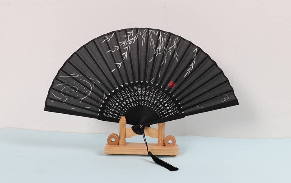 NZPOST Folding Fan Handheld, 2Pcs Decorative Folding Fans Classical Bamboo Black Silk Fans With Tassel Handmade Japanese Chinese Fan For Dancing Party Wedding Home Decorative