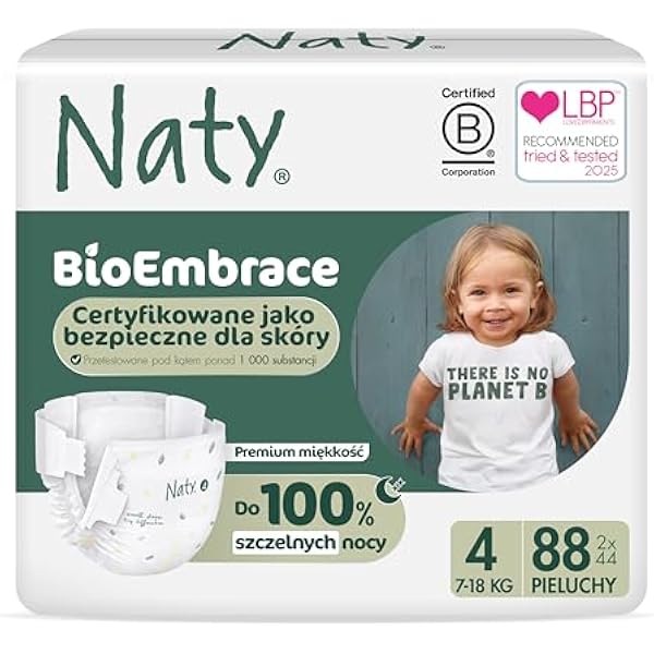 Naty BioEmbrace Pieluchy dla niemowląt | Certyfikowane bezpieczne dla skóry | Ochrona do 100% | Roślinna miękkość | Bez chloru | Rozmiar 4 (7–18 kg), 88 szt