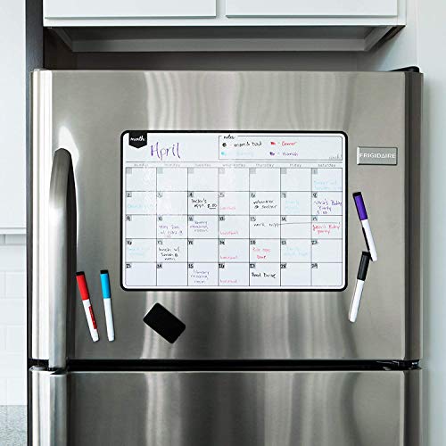 Magnetic Dry Erase Calendar for Fridge: with Stain Resistant Technology - 19x13" - 4 Fine Tip Markers and Large Eraser with Magnets- Monthly Whiteboard Organizer: Refrigerator White Board Sheet
