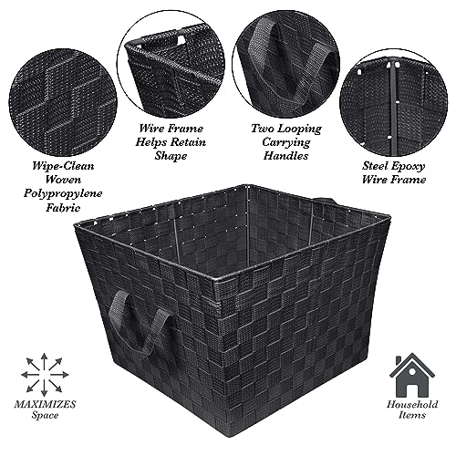 Image of Simplify Large Woven Strap Tote | Decorative Storage Basket | 2 Handles | Organization | Closet | Bedroom | Bathroom | Nursery | Accessories | Toys | Gifts | 2 Pack | Black