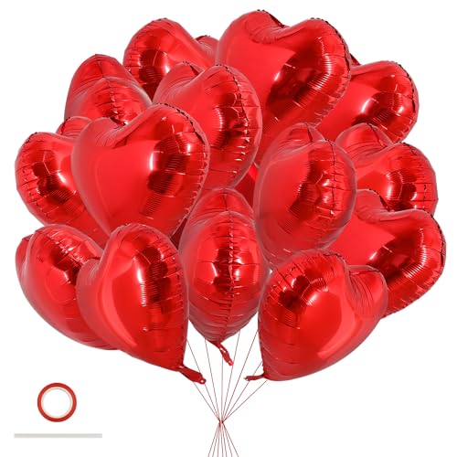 TONIFUL 30Pcs 18 Inch Red Heart Balloons Valentines Day Heart Shape Foil Mylar Balloons Decoration for Romantic Valentines Day Wedding Bridal Shower Anniversary Engagement Party Supplies