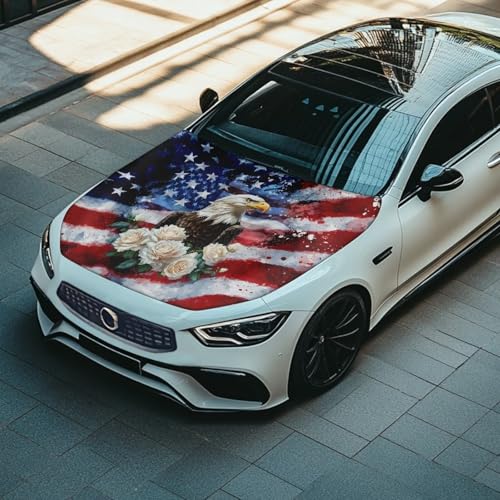 Image of Bald Eagle Flower USA Flag Car Hood Cover Protector 59x39 Inch Stretchable Auto Hood Wrap Blankets Waterproof Sun Proof Auto Patriotic Decorations for SUV Sedans Trucks