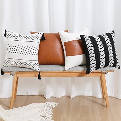 YAERTUN Boho Throw Pillow Covers 18 x 18 inch Set of 4, Modern Stripe Geometric Farmhouse Decorative Pillow Cover Faux Leather Accent Cushion Case for Couch Bed Home Decor Cover