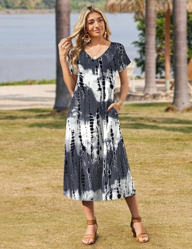 Image of Zeagoo Women Summer Floral Dress Short Sleeve Beach Dress with Pockets Casual V-Neck Split Long T-Shirt Dress Travel Vacation