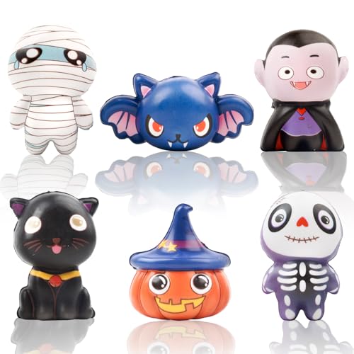 FINGOOO Halloween Slow Rising Squishes Toys 6 packs Cute Squishy Toys Assorted Pumpkin Zombie Skeleton Wizard Black Cat Bat Gift Party Favour for Kids