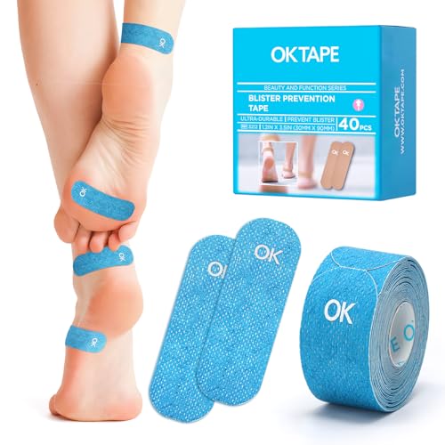 Image of OK TAPE Blister Prevention Tape, 40 Pcs, Moleskin for Blisters, No-Residue Blister Bandages for Feet & Body, Heel Patches, 1.2in X 3.5in Precut Strips - Blue