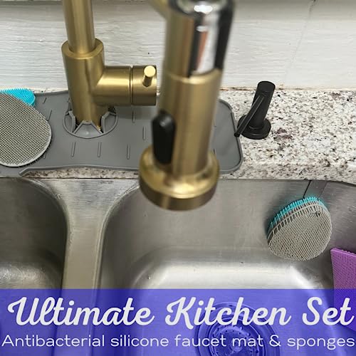 Image of Faucet Mat for Sink - Silicone Scrubber Dish Set, Splash Guard, Food Grade BPA Free Kitchen Scrubber