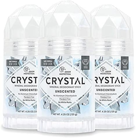 CRYSTAL Mineral Deodorant Stick - Unscented Body Deodorant With 24-Hour Odor Protection, Non-Staining & Non-Sticky, Aluminum Chloride & Paraben Free, 4.25 oz, (3 Pack) (Packaging May Vary)