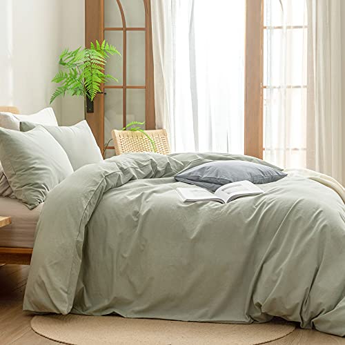Image of BESTOUCH Cotton Solid Duvet Cover Set Linen Feel Sage Green Oversized King | 100% Washed Cotton, Soft Wrinkle Texture, Hidden Zipper, 8 Ties, Breathable Lightweight Durable Comfy, 3 Pcs No Insert