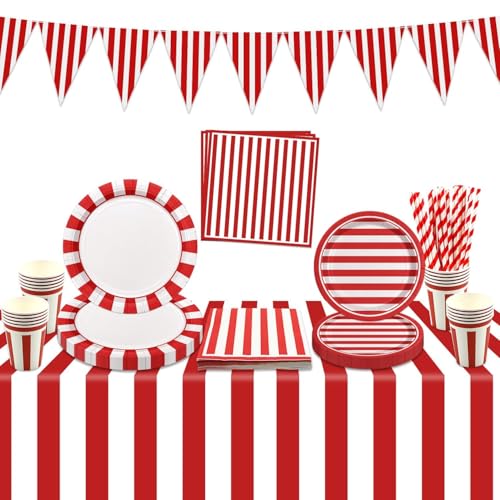 Suprimentos para festas de circo e carnaval - decorações de riscas vermelhas e brancas - inclui pratos, copos, guardanapos, toalha de mesa, bandeira para aniversário e baby shower