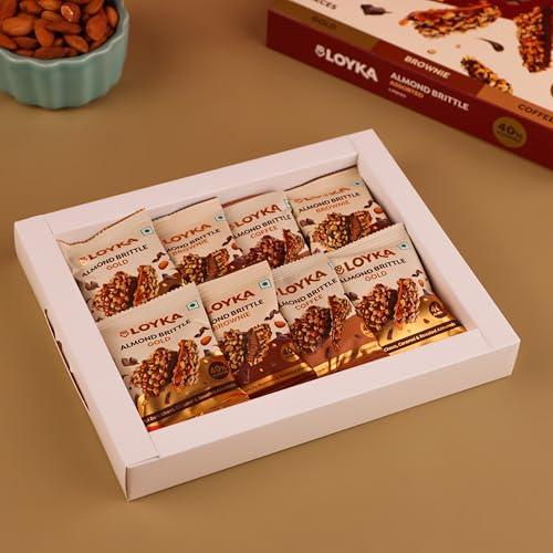 Image of Loyka Almond Brittle Assorted Choco Box - 8 pcs 116gm | Premium Chocolate Gift Hamper | Choco & Nut Dryfruit Delicacy | Roasted California Almonds (40%), Dark Choco & Salted Caramel |