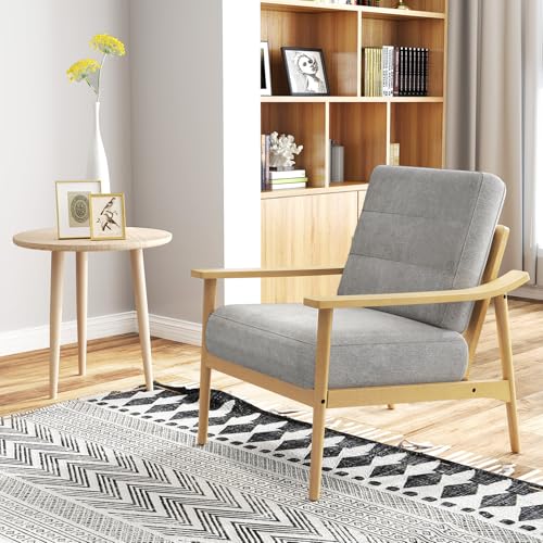 Image of Giantex Mid Century Modern Accent Chair, Max Load 440 LBS Upholstered Living Room Chair with Rubber Wood Armrests & Legs, Removable Back Cushion, Comfy Reading Arm Chair for Living Room, Bedroom