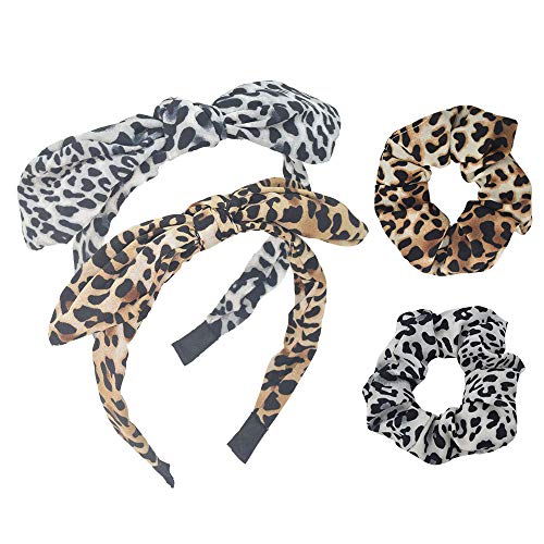 2Pcs Leopard Print Headband and 2Pcs Hair Scrunchie for Women - Vintage Cheetah Bow Headband Knotted Headband Wide Hair Ties Ropes Hair Ties Elastic Hair Hoops Accessories